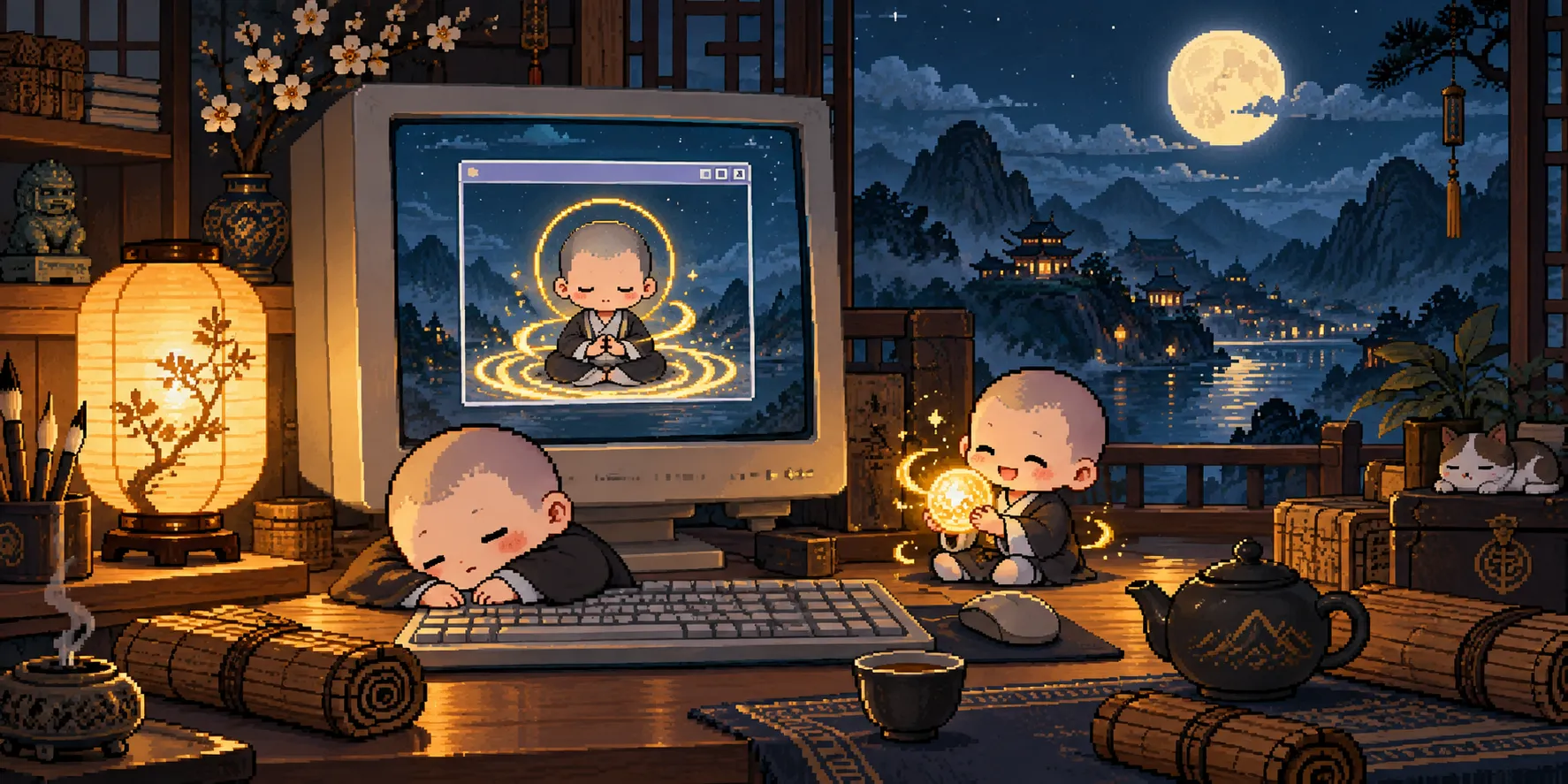 桌面夜景：显示器小窗内打坐的修士与桌旁打盹、捧珠的修士