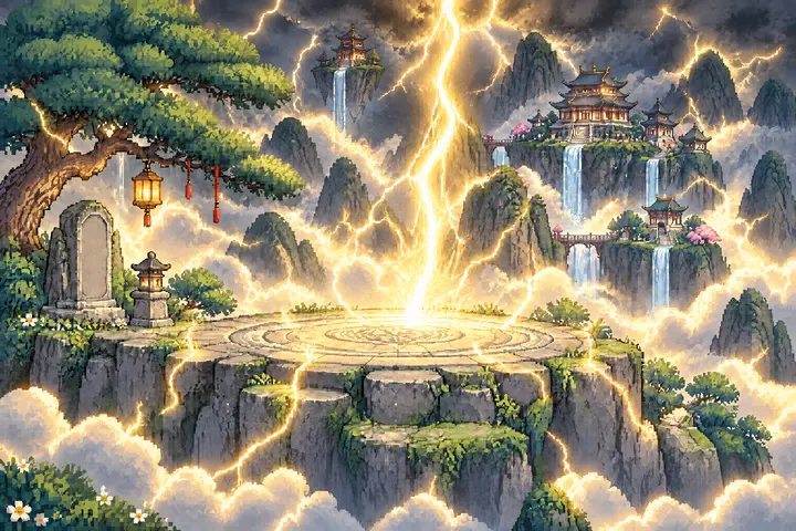 雷劫进行中的仙山场景
